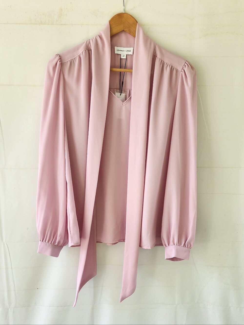 Gemma + Jane Pink Long-Sleeve Tie Neck Blouse